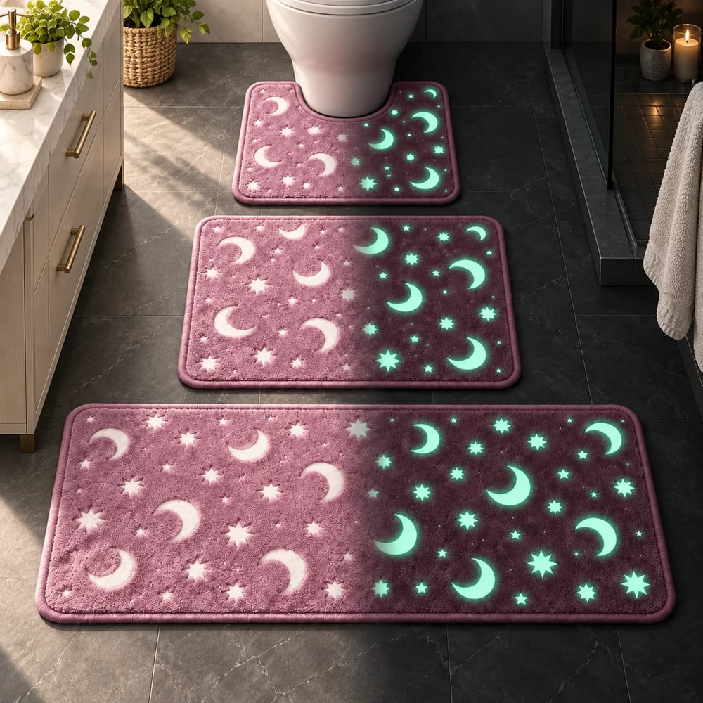 Leuchtendes Badematten-Set mit Mond und Sternen, 3-teilig