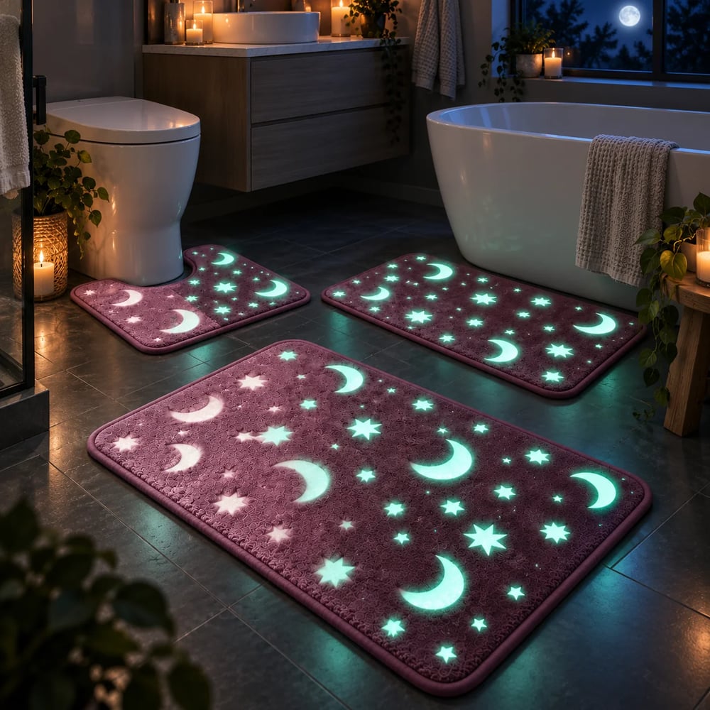 Leuchtendes Badematten-Set mit Mond und Sternen, 3-teilig