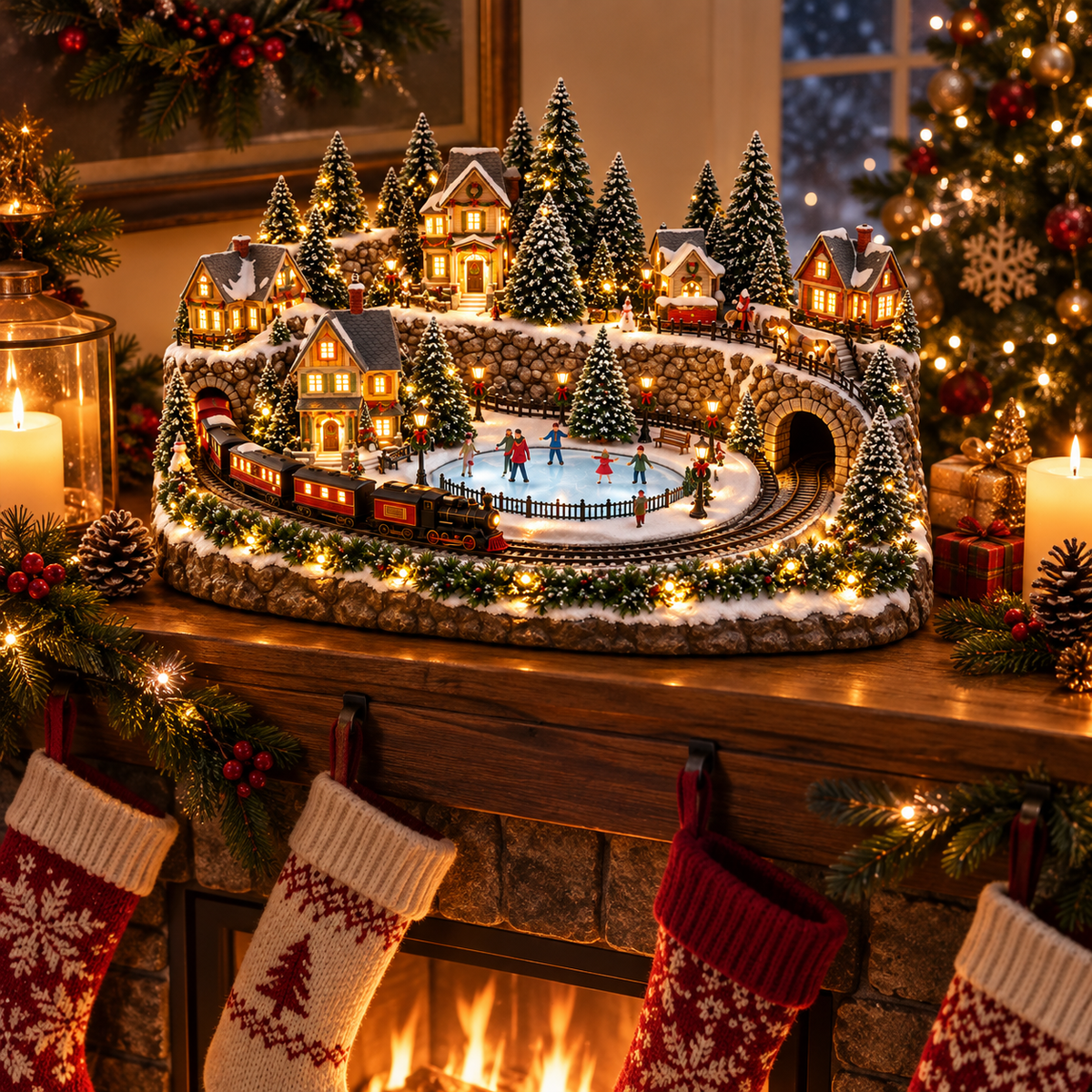 Weihnachtsdorf mit fahrendem Zug und Eislaufbahn, beleuchtet mit Musik