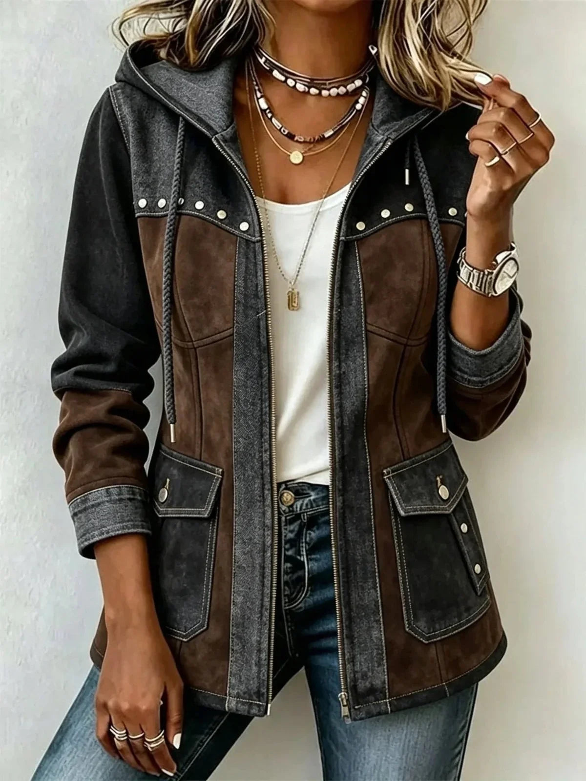 Kapuzenjacke im Materialmix aus Wildlederoptik und Denim