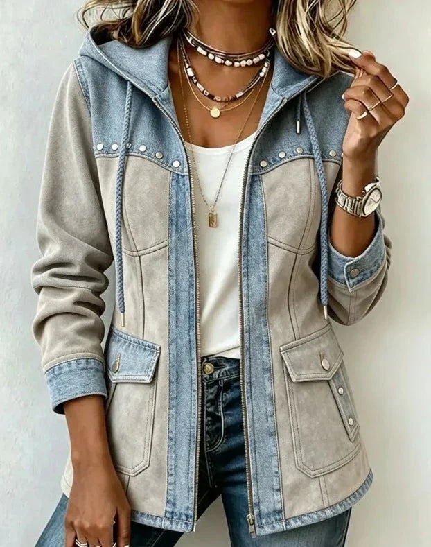 Kapuzenjacke im Materialmix aus Wildlederoptik und Denim