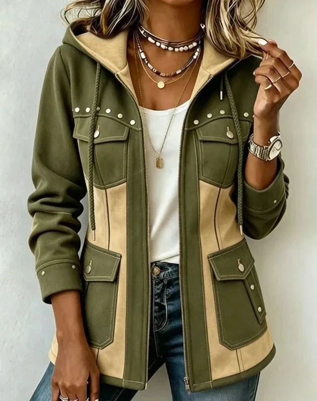 Kapuzenjacke im Materialmix aus Wildlederoptik und Denim