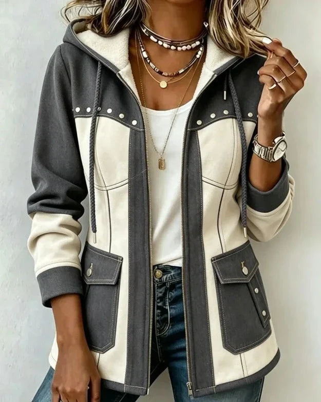 Kapuzenjacke im Materialmix aus Wildlederoptik und Denim
