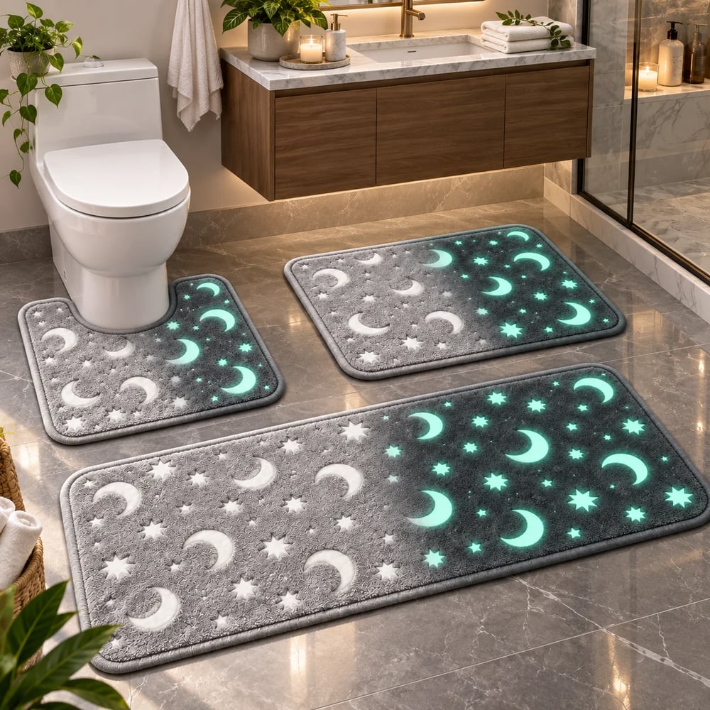 Leuchtendes Badematten-Set mit Mond und Sternen, 3-teilig