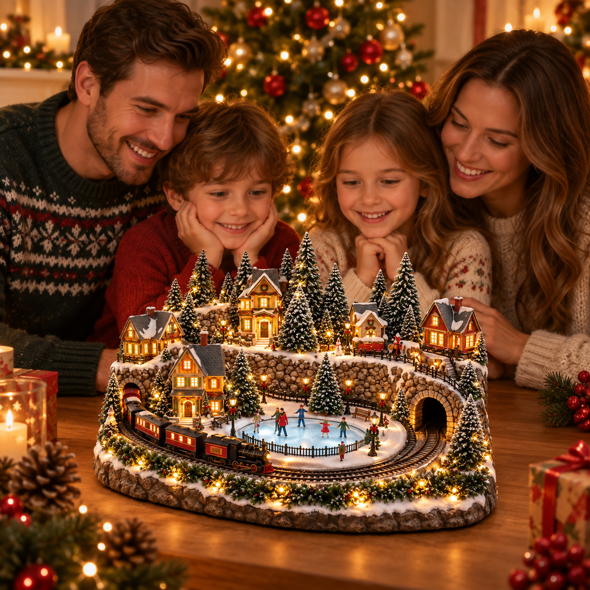 Weihnachtsdorf mit fahrendem Zug und Eislaufbahn, beleuchtet mit Musik