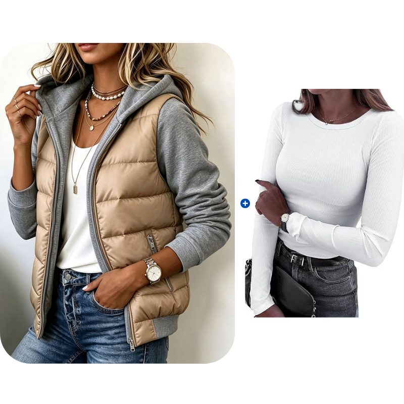 Gesteppte Damen-Kapuzenjacke im Farbblock-Design