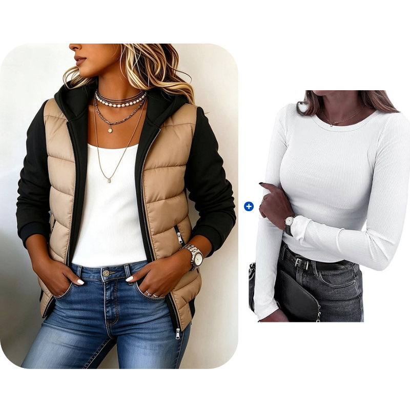 Gesteppte Damen-Kapuzenjacke im Farbblock-Design