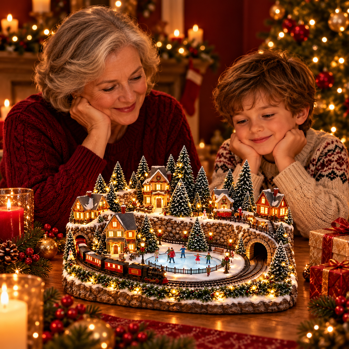 Weihnachtsdorf mit fahrendem Zug und Eislaufbahn, beleuchtet mit Musik