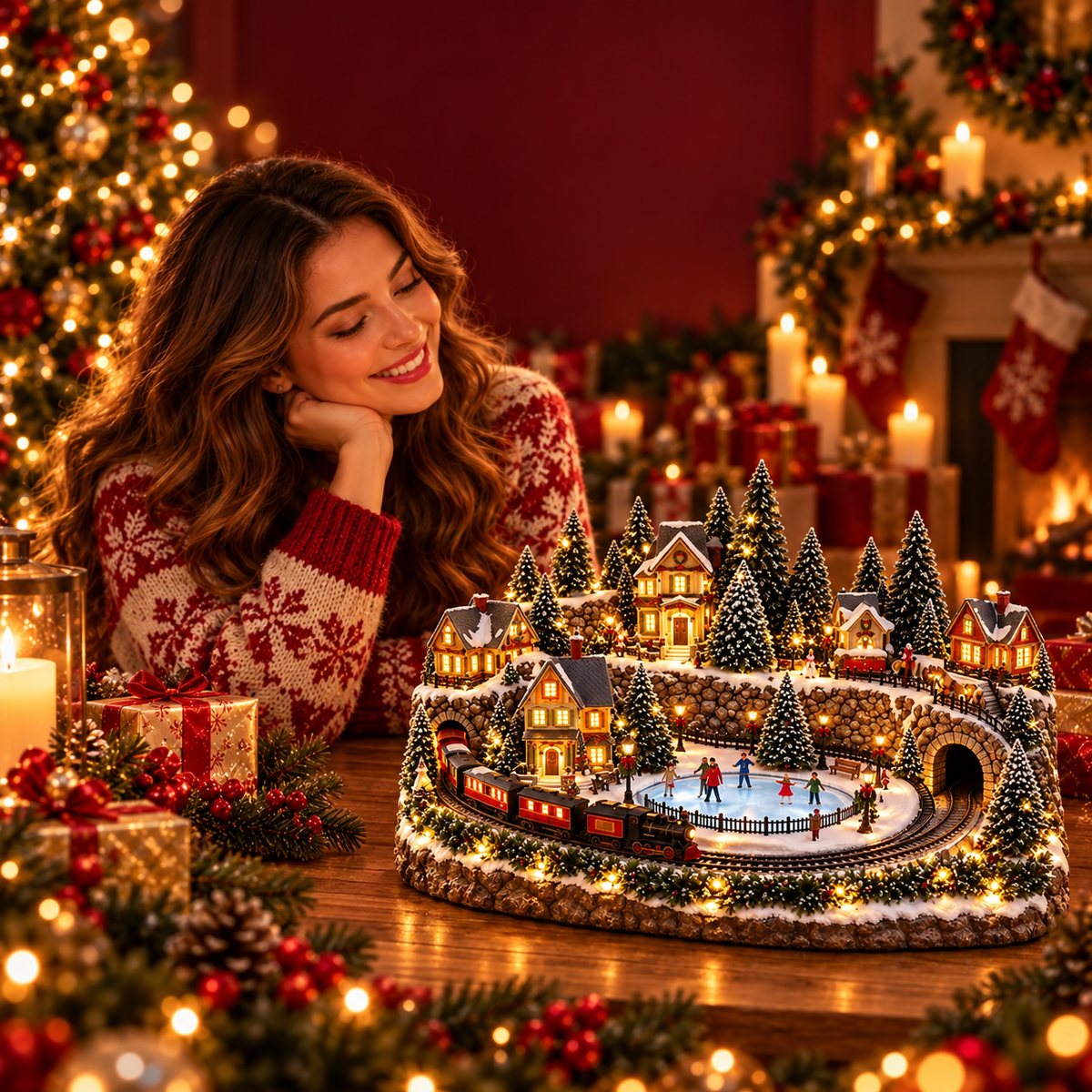 Weihnachtsdorf mit fahrendem Zug und Eislaufbahn, beleuchtet mit Musik