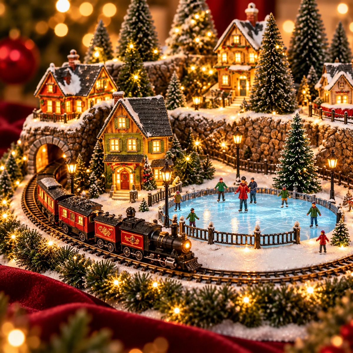 Weihnachtsdorf mit fahrendem Zug und Eislaufbahn, beleuchtet mit Musik