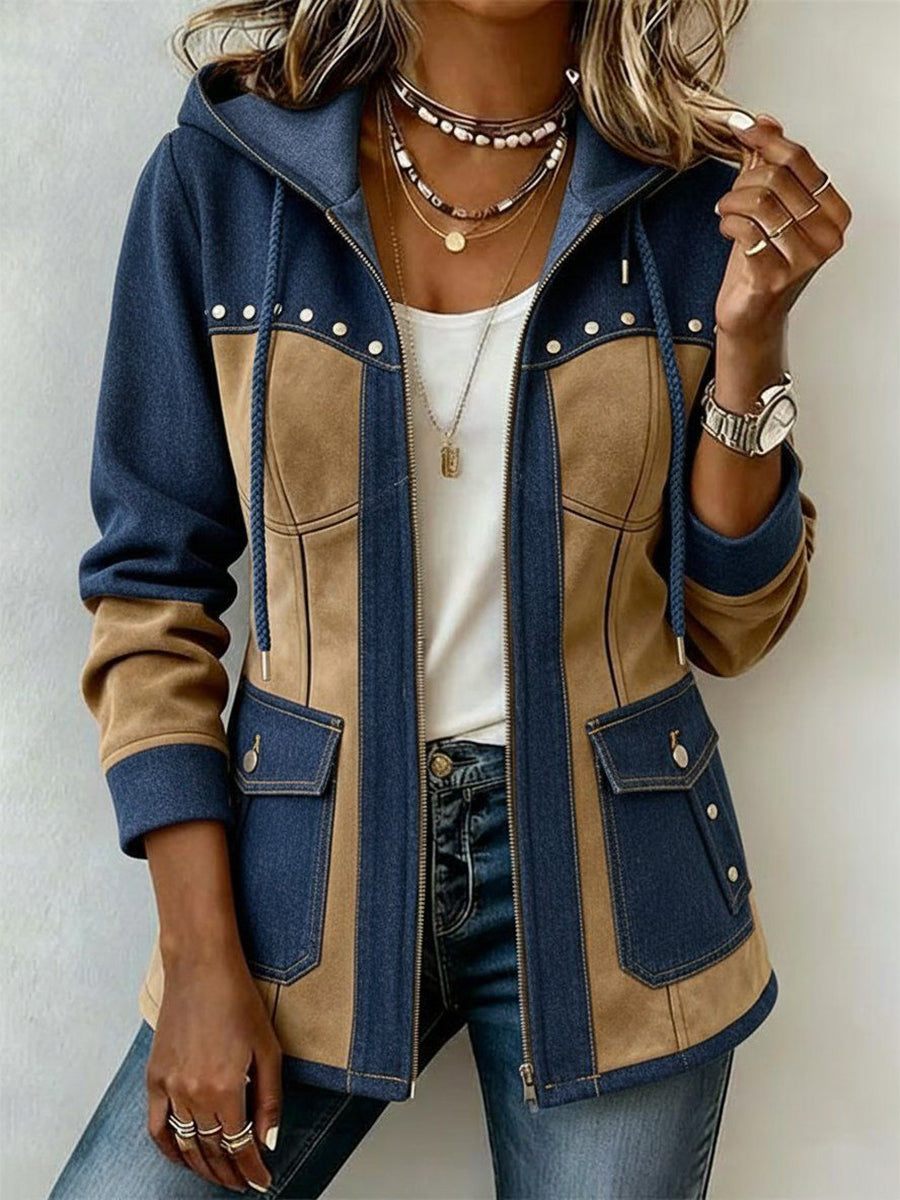Kapuzenjacke im Materialmix aus Wildlederoptik und Denim