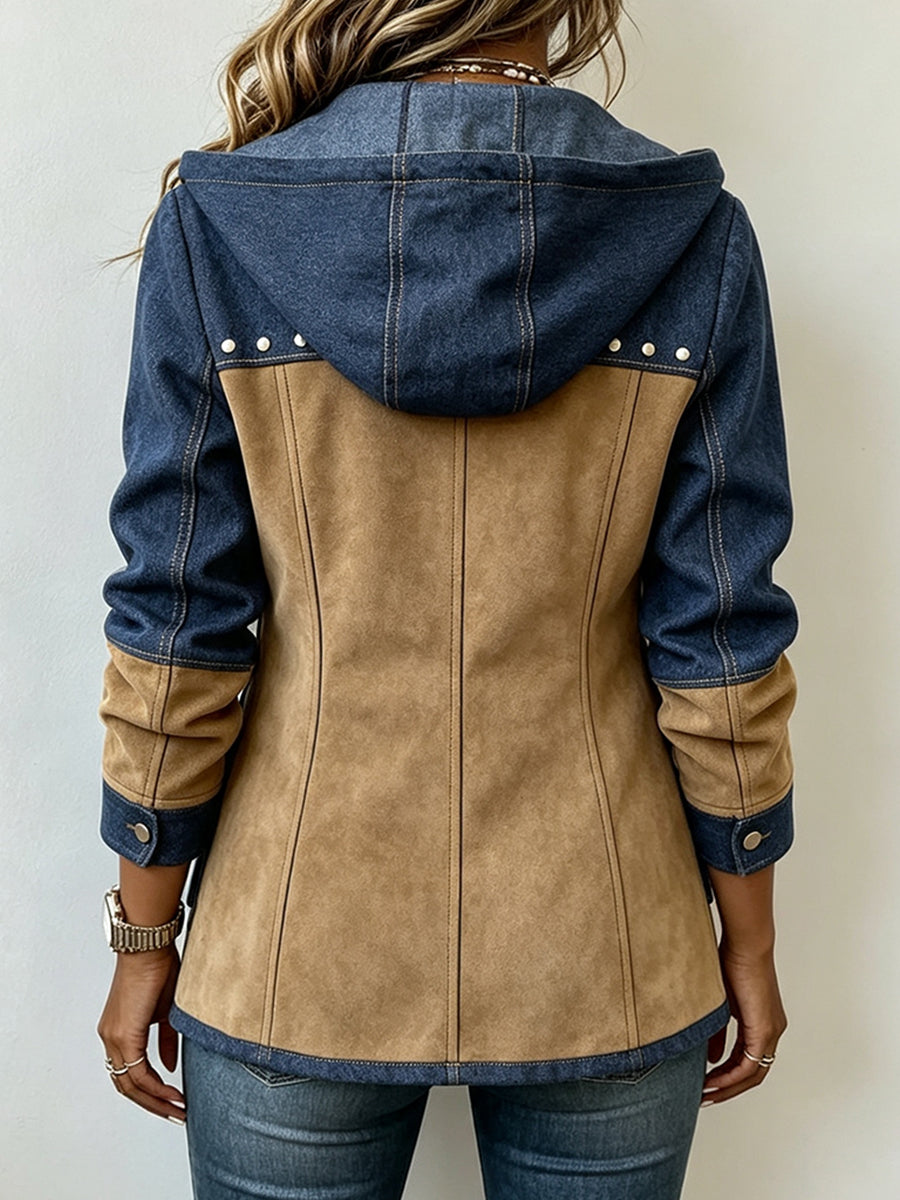 Kapuzenjacke im Materialmix aus Wildlederoptik und Denim