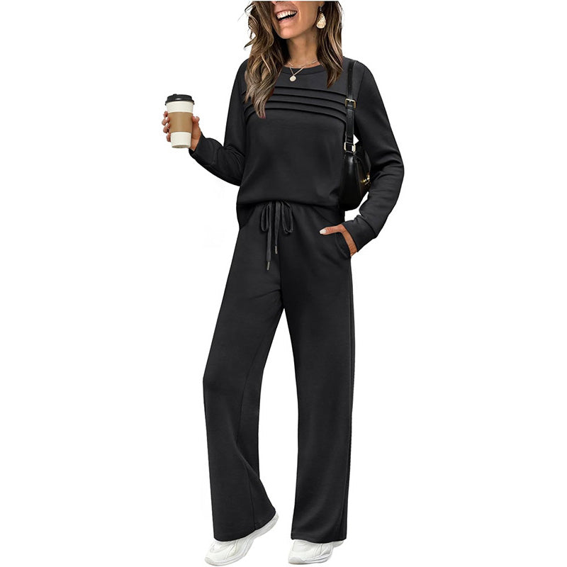 🔥LETZTER TAG 50 % RABATT💓Set aus Damen-Oberteil mit Rundhalsausschnitt und Hose mit Kordelzug