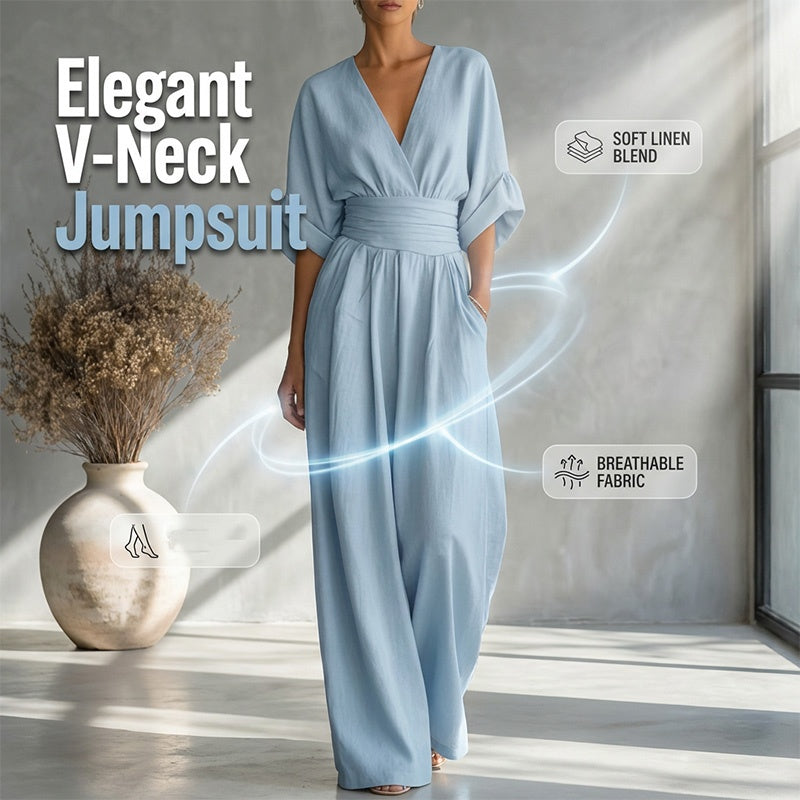 🔥 50% RABATT 👗 Eleganter Damen-Jumpsuit mit V-Ausschnitt ✨ hohe Taille & weites Bein – schmeichelnd, luftig & perfekt für den Sommerstil 🌿