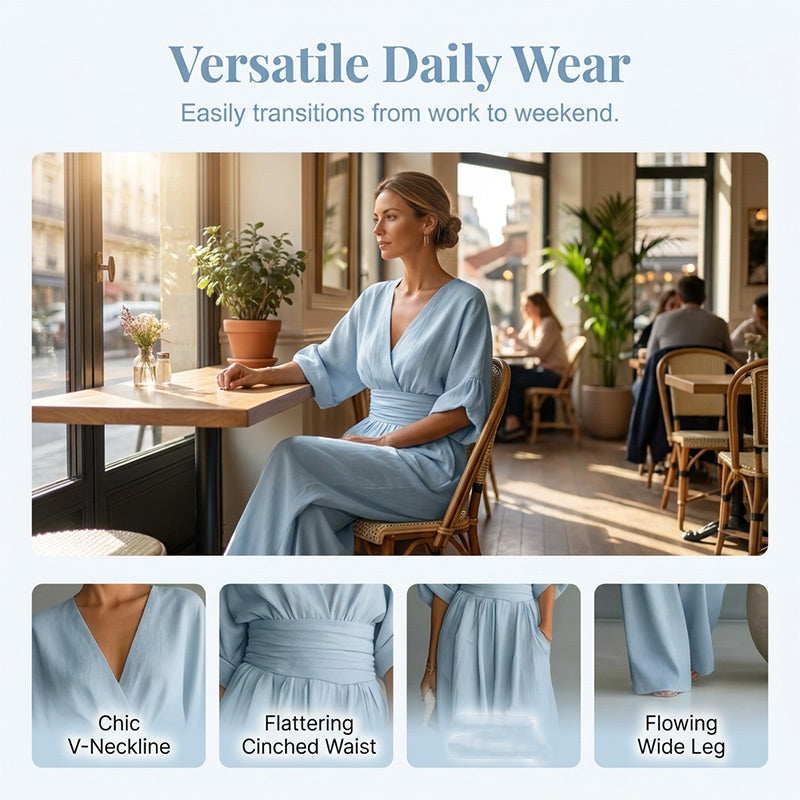 🔥 50% RABATT 👗 Eleganter Damen-Jumpsuit mit V-Ausschnitt ✨ hohe Taille & weites Bein – schmeichelnd, luftig & perfekt für den Sommerstil 🌿