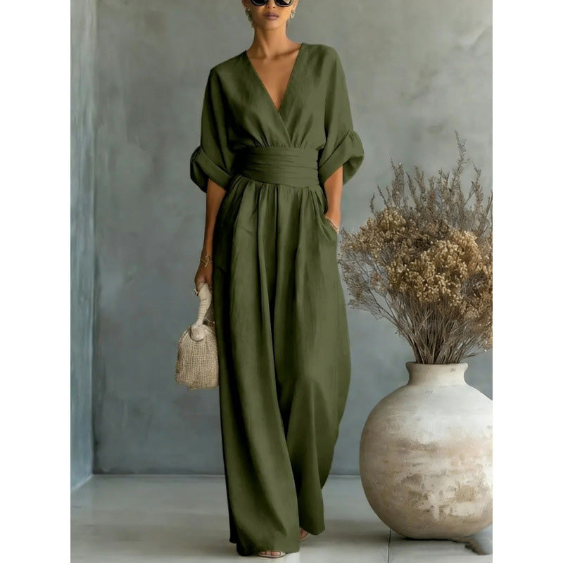 🔥 50% RABATT 👗 Eleganter Damen-Jumpsuit mit V-Ausschnitt ✨ hohe Taille & weites Bein – schmeichelnd, luftig & perfekt für den Sommerstil 🌿