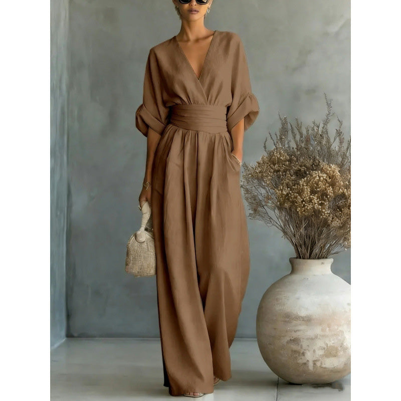 🔥 50% RABATT 👗 Eleganter Damen-Jumpsuit mit V-Ausschnitt ✨ hohe Taille & weites Bein – schmeichelnd, luftig & perfekt für den Sommerstil 🌿