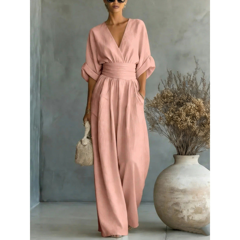🔥 50% RABATT 👗 Eleganter Damen-Jumpsuit mit V-Ausschnitt ✨ hohe Taille & weites Bein – schmeichelnd, luftig & perfekt für den Sommerstil 🌿