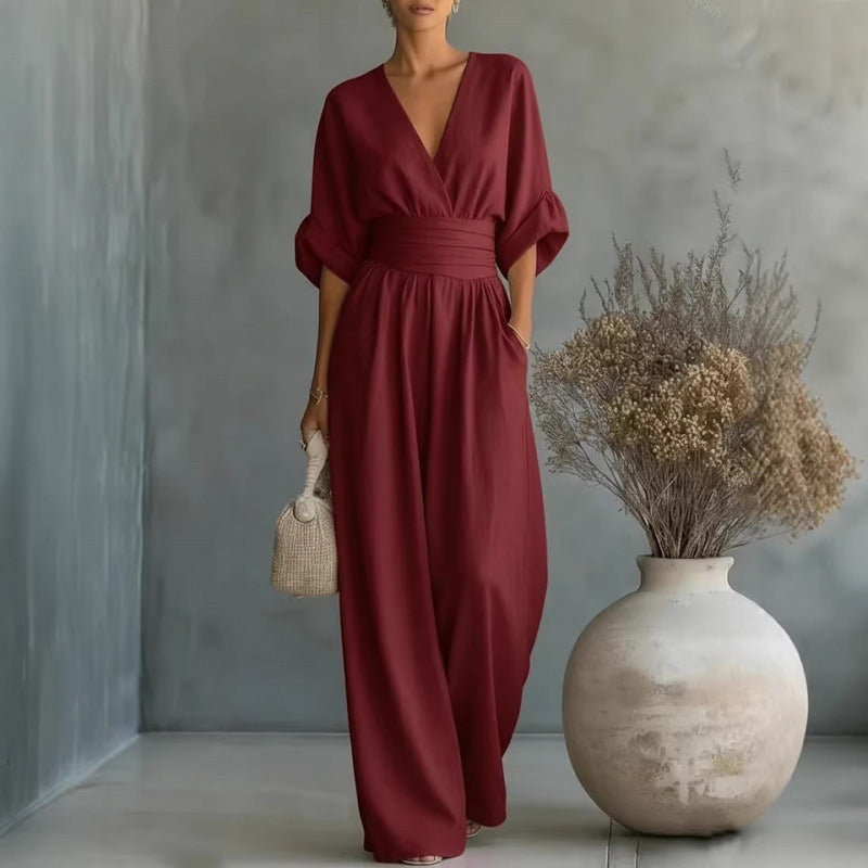🔥 50% RABATT 👗 Eleganter Damen-Jumpsuit mit V-Ausschnitt ✨ hohe Taille & weites Bein – schmeichelnd, luftig & perfekt für den Sommerstil 🌿