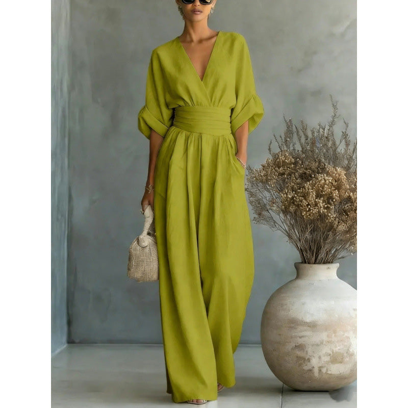 🔥 50% RABATT 👗 Eleganter Damen-Jumpsuit mit V-Ausschnitt ✨ hohe Taille & weites Bein – schmeichelnd, luftig & perfekt für den Sommerstil 🌿