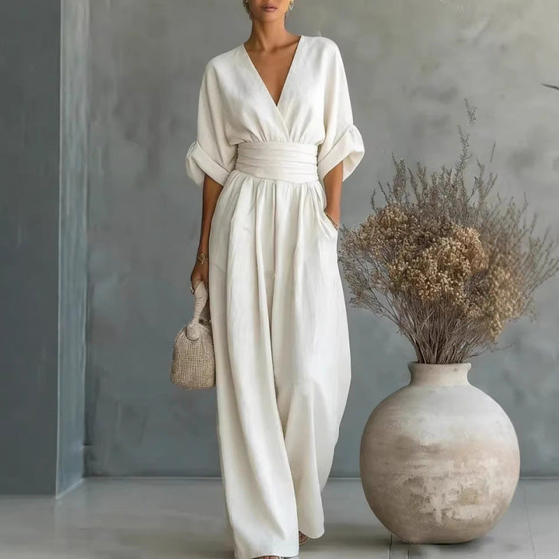 🔥 50% RABATT 👗 Eleganter Damen-Jumpsuit mit V-Ausschnitt ✨ hohe Taille & weites Bein – schmeichelnd, luftig & perfekt für den Sommerstil 🌿