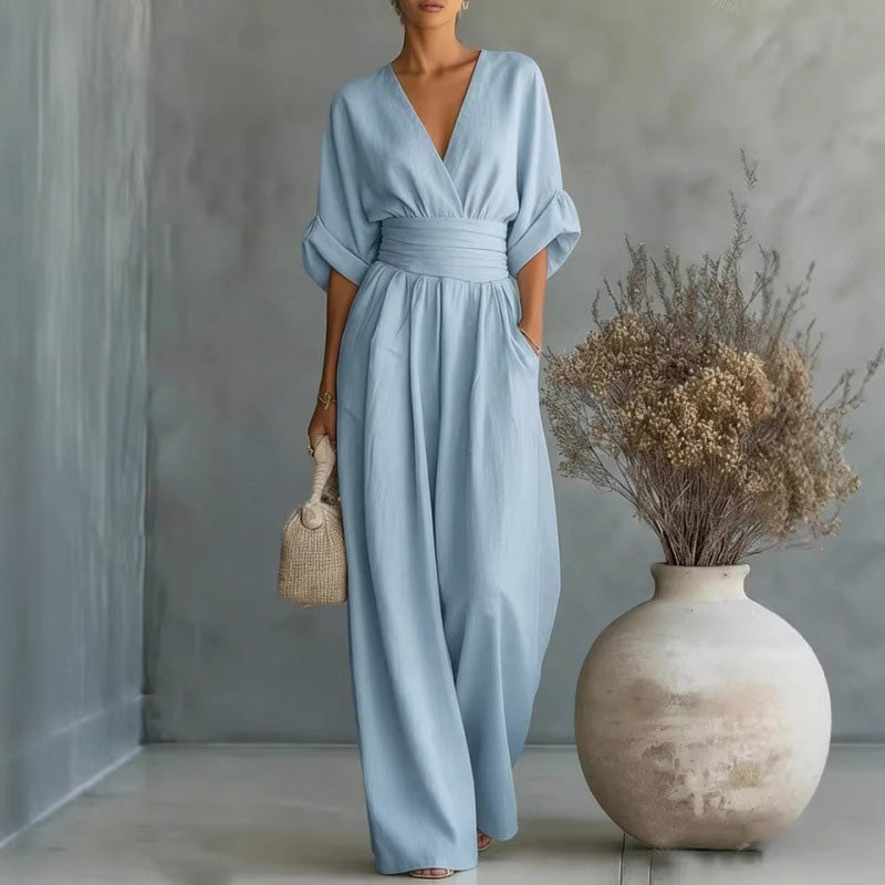 🔥 50% RABATT 👗 Eleganter Damen-Jumpsuit mit V-Ausschnitt ✨ hohe Taille & weites Bein – schmeichelnd, luftig & perfekt für den Sommerstil 🌿
