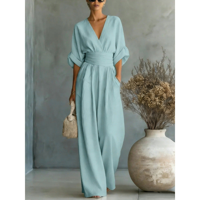 🔥 50% RABATT 👗 Eleganter Damen-Jumpsuit mit V-Ausschnitt ✨ hohe Taille & weites Bein – schmeichelnd, luftig & perfekt für den Sommerstil 🌿