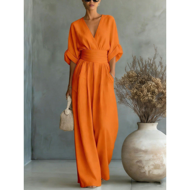 🔥 50% RABATT 👗 Eleganter Damen-Jumpsuit mit V-Ausschnitt ✨ hohe Taille & weites Bein – schmeichelnd, luftig & perfekt für den Sommerstil 🌿