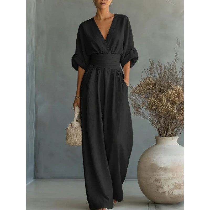 🔥 50% RABATT 👗 Eleganter Damen-Jumpsuit mit V-Ausschnitt ✨ hohe Taille & weites Bein – schmeichelnd, luftig & perfekt für den Sommerstil 🌿
