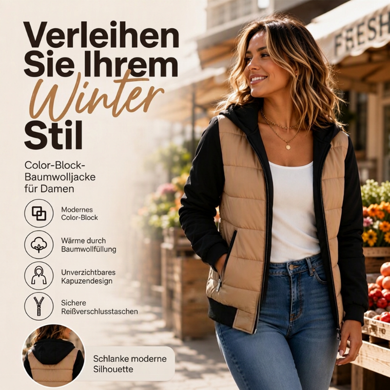 Gesteppte Damen-Kapuzenjacke im Farbblock-Design