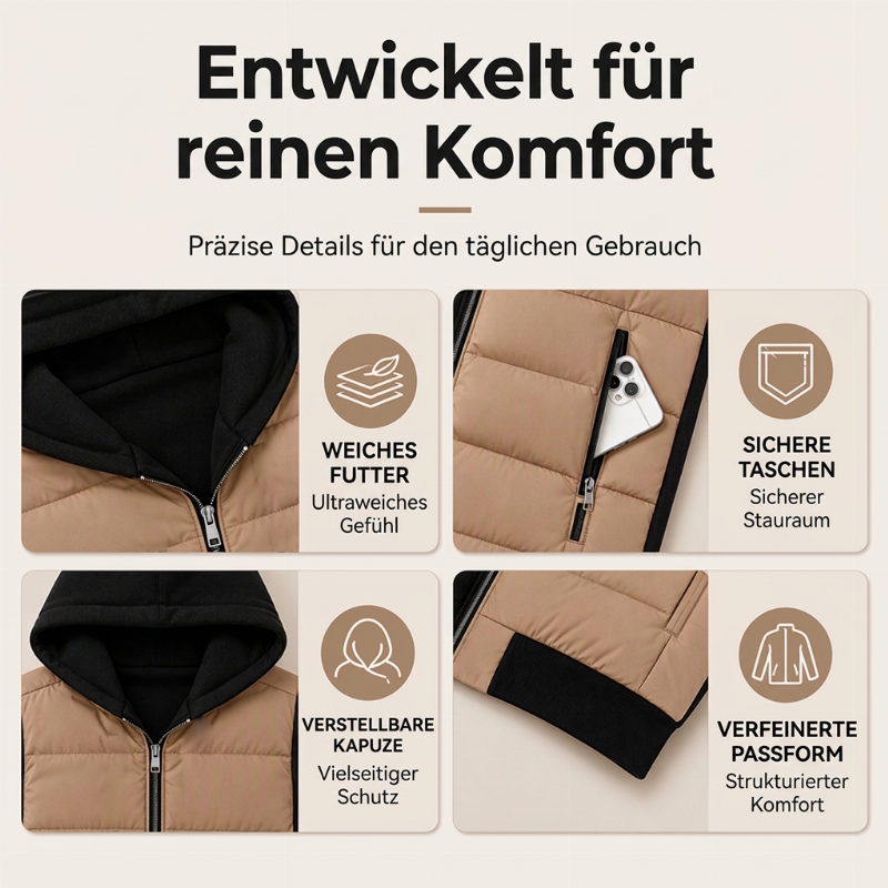Gesteppte Damen-Kapuzenjacke im Farbblock-Design