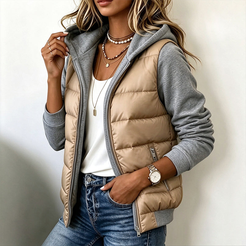 Gesteppte Damen-Kapuzenjacke im Farbblock-Design