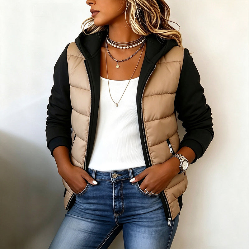 Gesteppte Damen-Kapuzenjacke im Farbblock-Design